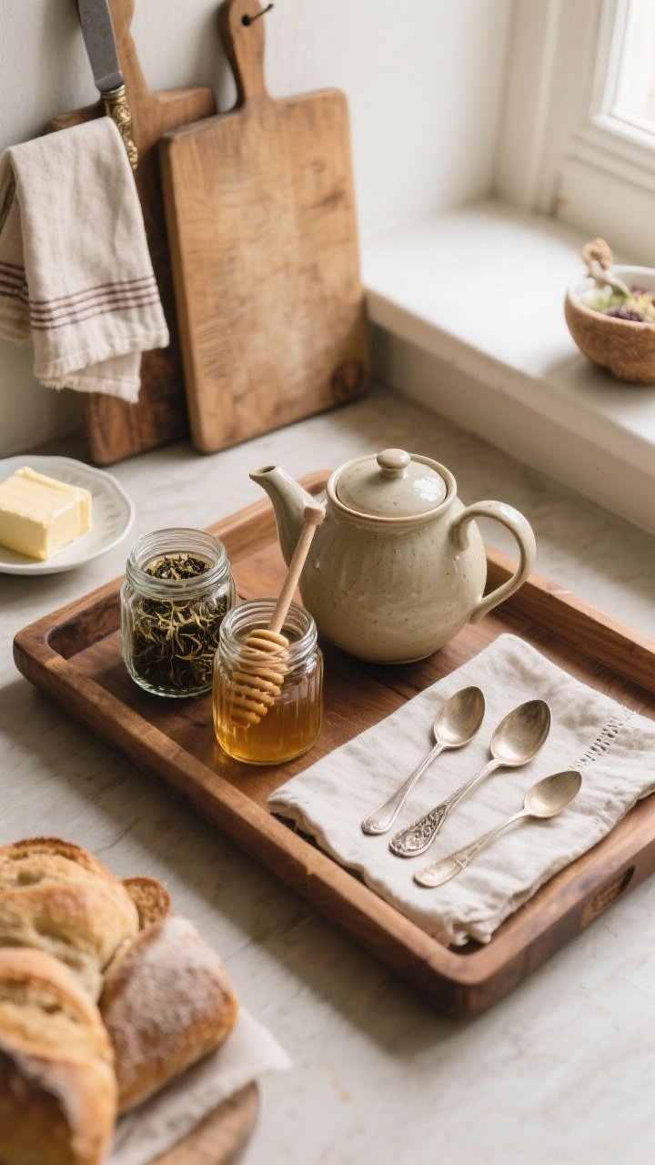Overhead closeup of a tea station ritual on a wooden tray: a ceramic teapot, loose-leaf tea in small glass jars, a honey pot with dipper, pretty vintage spoons, and a linen napkin; adjacent bread corner elements visible—wood cutting board, linen tea towel, butter dish, antique knife—soft morning light for an old-fashioned charm.