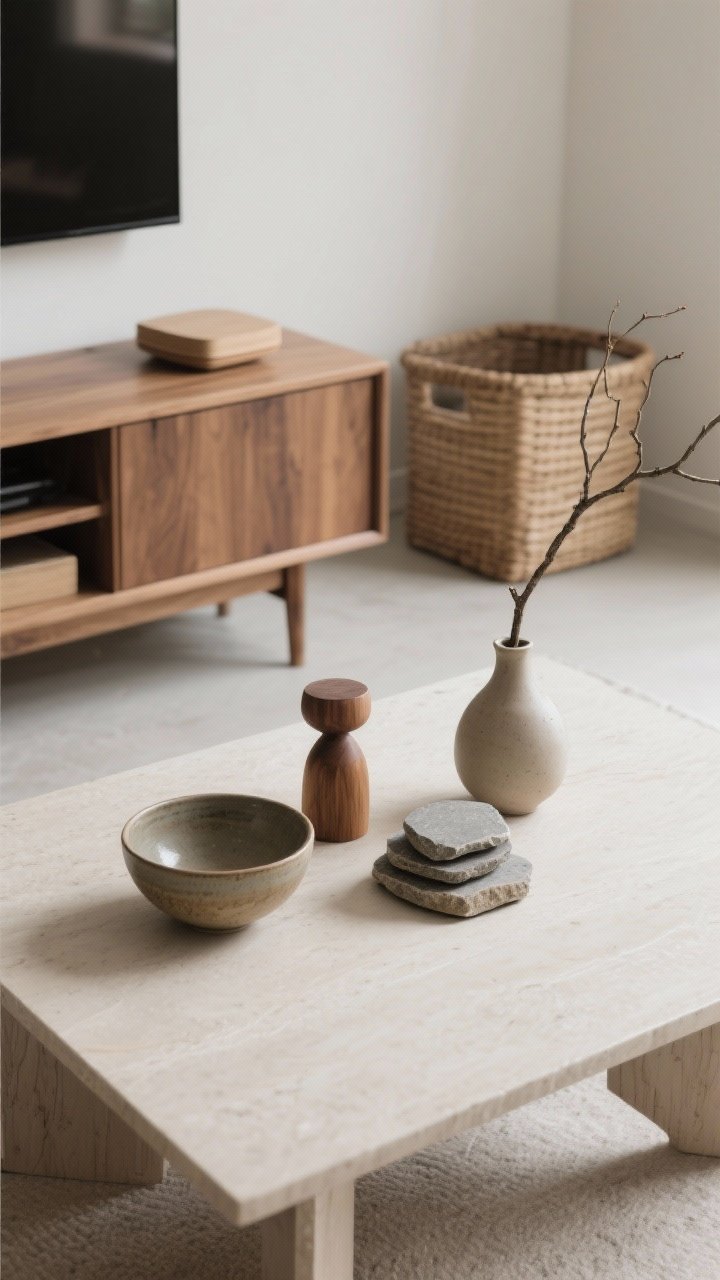 Overhead coffee table detail: Intentional editing—3–5 items in varied heights: a ceramic bowl, a small wood object, a stone coaster stack, and a single branch in a vase; closed storage media console and a lidded basket nearby to hide clutter; repeated materials (wood and ceramic) for cohesion; calm, minimal mood.