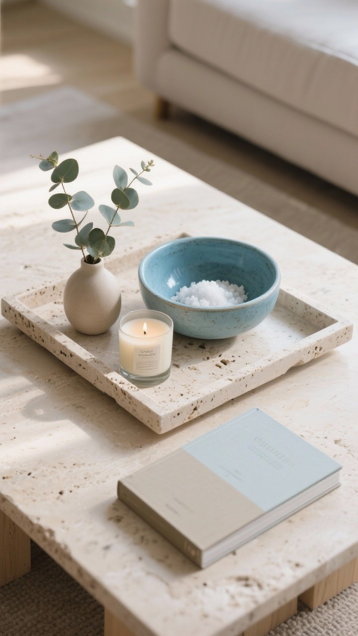 Overhead detail: A coffee table vignette with a travertine tray, a glacier blue ceramic bowl, a sea-salt-scent candle, one eucalyptus sprig in a small vase, and a single book with a calm, muted cover palette. Minimal, uncluttered styling on a light stone or wood table. Soft afternoon light. Photorealistic.
