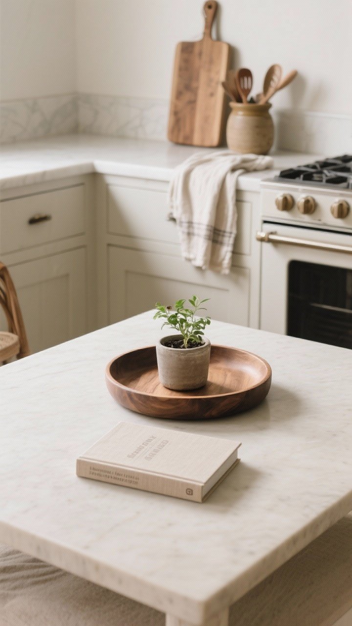 Overhead detail: Edited surfaces for calm, not chaos—a coffee table styled with exactly three items: a round wood tray, a small potted plant, and a single linen-bound book; background shows a kitchen counter vignette with a wood cutting board, crock of utensils, and a folded linen towel; neutral palette, clean negative space, soft natural light, slow-living farmhouse simplicity.