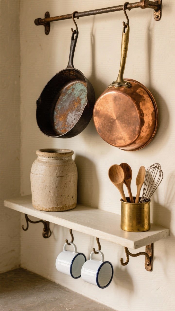 Overhead detail of a metals vignette: copper pots and a cast iron skillet hanging from a simple iron rail, patina visible; a stoneware crock below corralling wooden spoons and whisks; brass and iron hooks under a shelf holding a couple of enamelware mugs; warm, slightly shadowed ambient light for a well-loved look.