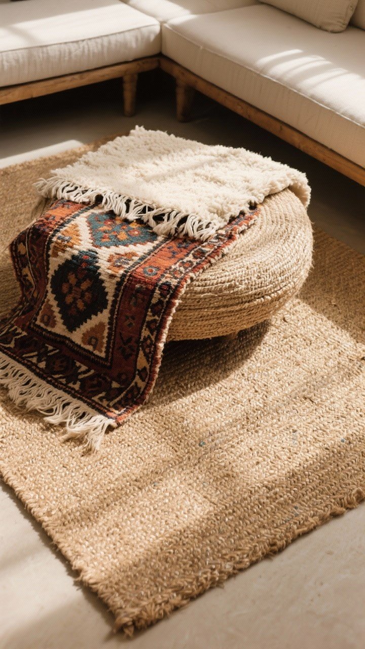 Overhead detail of layered rugs under a seating area: a large jute or sisal base anchoring the furniture, with a smaller patterned vintage kilim or Beni Ourain placed off-kilter on top; visible fringe and texture, intentionally imperfect alignment; warm, cozy natural light grazing fibers.