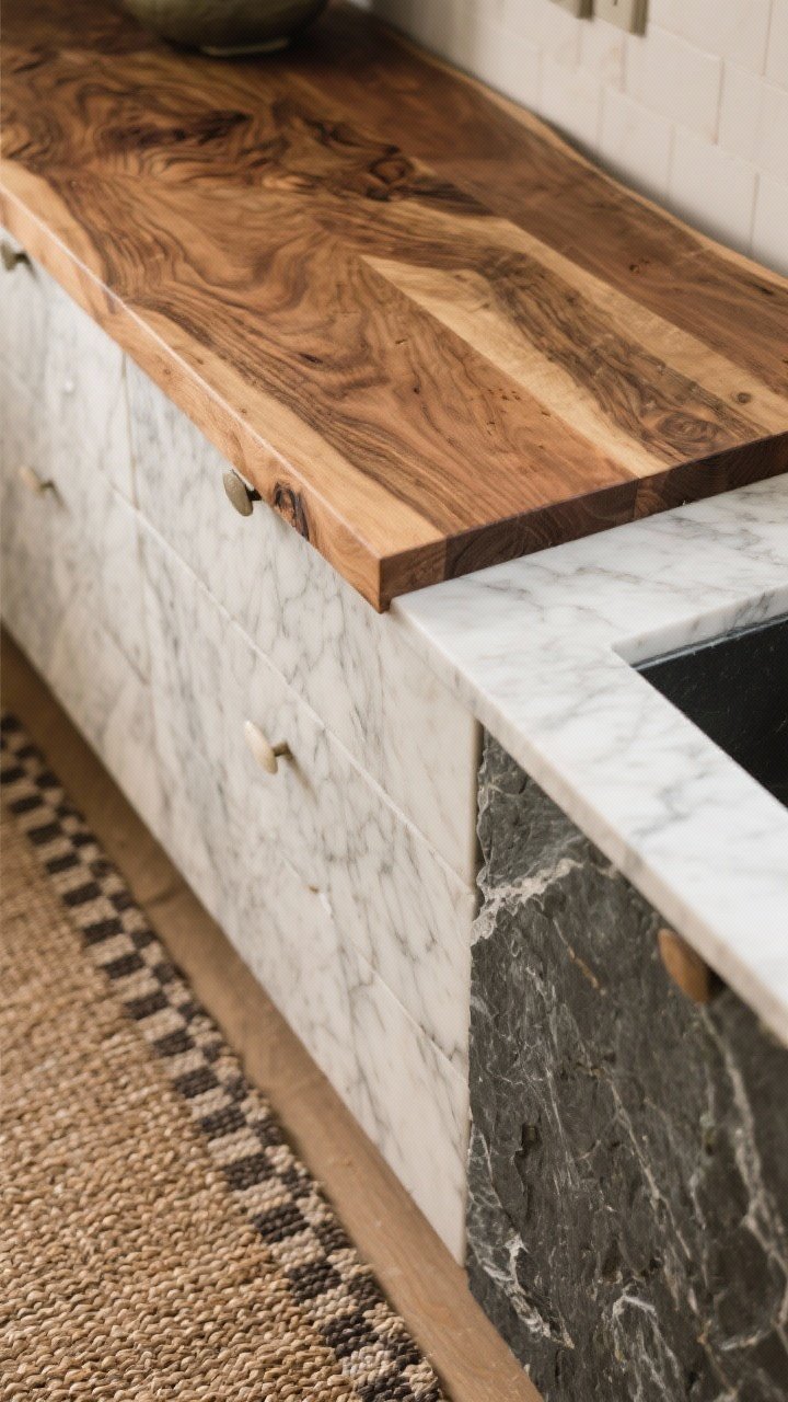 Overhead detail of warm, workable countertops: oiled butcher block with visible grain beside a section of honed marble and a slab of deep gray soapstone; soft sheen, gentle etching and patina; a woven mat and subtle checkerboard runner edge entering frame; mood is timeless and tactile under diffused light; photorealistic