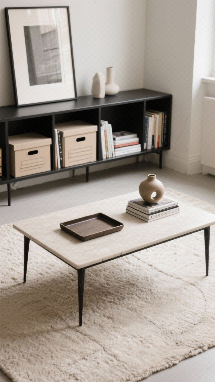 Overhead detail shot: A styled coffee table on a subtle beige rug, arranged with intention using the rule of thirds—one low tray, one sculptural ceramic object, and one small stack of art books. In the background, a shelf segment shows balanced ratios: about half books, some closed storage boxes, and a few simple objects with intentional negative space. Palette is tightly neutral with soft black accents; a large framed artwork is seen leaning nearby for a relaxed renter-friendly look. Soft natural light, crisp textures.