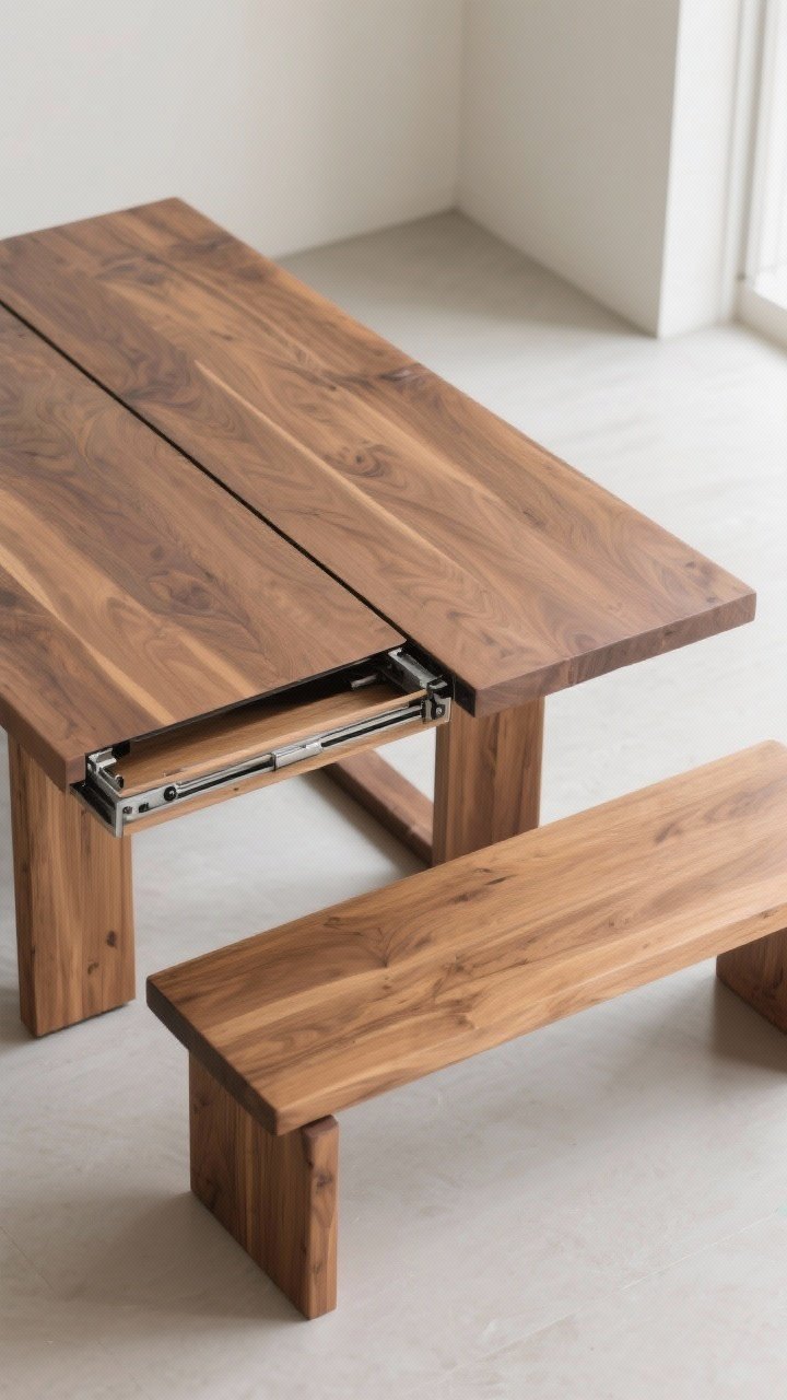 Overhead detail shot: An extendable slab table in solid wood with wide planks and sleek, concealed end-leaf extensions partially pulled out; smooth glide mechanism subtly visible at the ends without bulk; bench seating tucked under one side; natural matte finish, joints minimized; bright, clean lighting emphasizing craftsmanship; photorealistic.