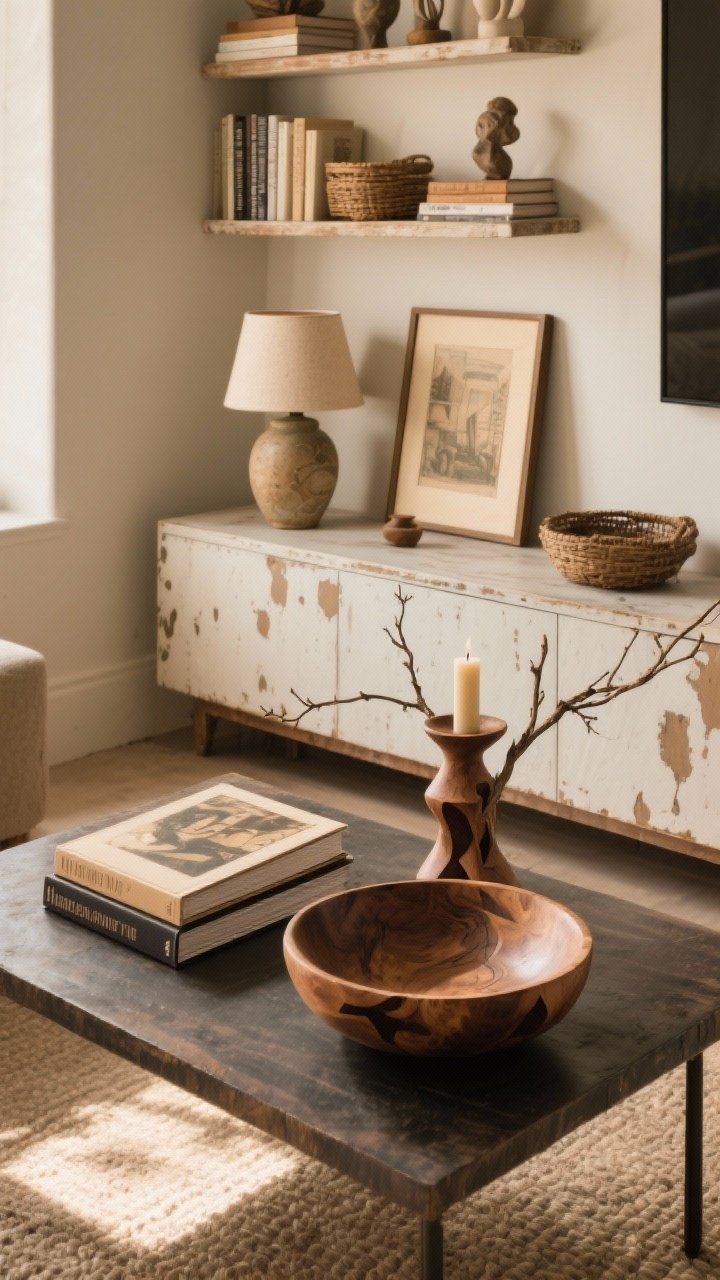 Overhead detail shot — Coffee table styling that feels collected: two stacked art books, a hand-carved wooden bowl, and a quirky asymmetrical candle holder; nearby credenza edge visible with a ceramic lamp, a framed piece leaning, and a vintage vessel with foraged branches; shelf glimpse with horizontally and vertically stacked books, small sculptures, and baskets; finishes show hand-painted irregularities and gentle patina; warm late-afternoon light, photorealistic.