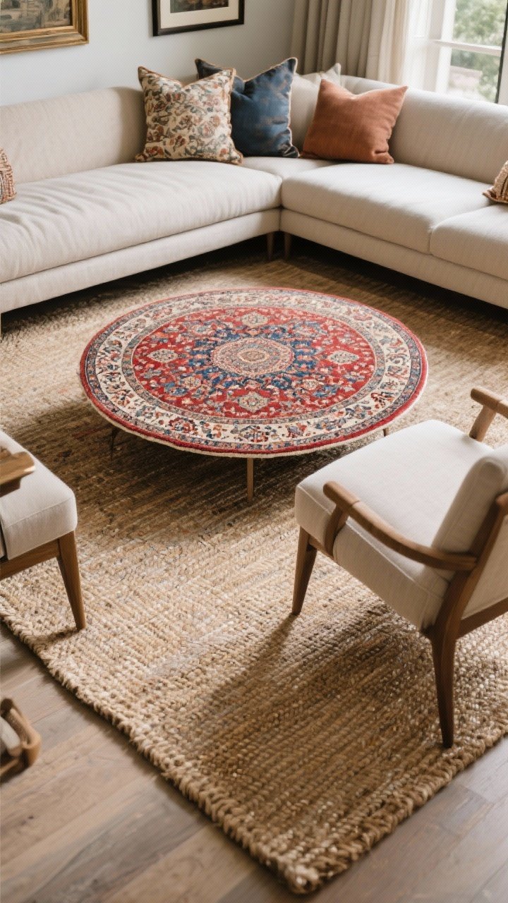 Overhead detail shot: Layered rugs composition featuring an oversized neutral jute base rug with the front legs of sofa and chairs resting on it, topped by a smaller patterned Persian rug that brings rich reds and blues. Alternatively show a round patterned rug over a rectangular flatweave to soften the zone. Pull subtle color echoes from the top rug into visible pillows and framed art edges at the periphery. Soft natural light enhances texture; maximalist but organized, photorealistic.