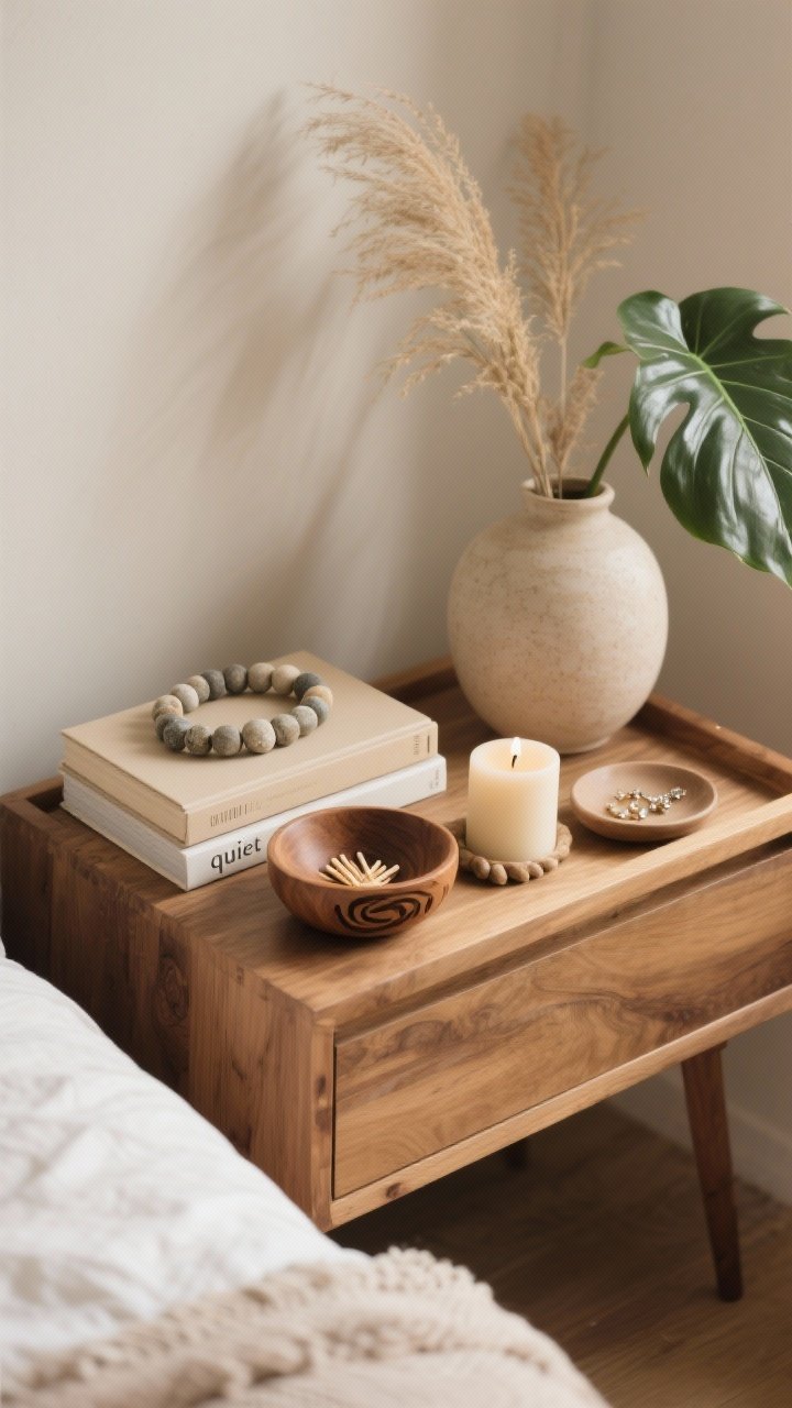 Overhead detail shot: Minimalist-boho layered accessories on a wooden nightstand tray—two neutral books stacked with a small carved wood bowl and a stone bead garland on top, a creamy candle with matches, and a small dish for jewelry. Nearby, a ceramic vase holds dried grasses, and the edge of a rubber plant leaf enters the frame. The palette remains neutral and warm, surfaces partly “quiet” to let the styled moments shine. Soft, warm ambient light. No people, photorealistic.