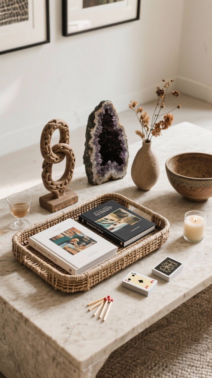 Overhead detail shot of a curated coffee table styled like a gallery: a stone or rattan tray corralling two to three lush-cover art/design books, a sculptural carved chain link object beside a moody geode, a hand-thrown ceramic bowl, a small vase with seasonal dried stems, and a chic deck of cards next to pretty matches and a candle; varied heights with intentional negative space left for drinks; soft morning light, photorealistic