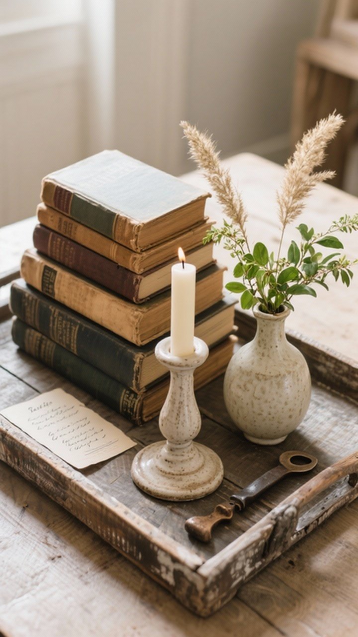 Overhead detail shot of a curated vignette on a weathered wood tray: rule-of-three grouping with varied heights—stack of old books as anchor, a ceramic candle holder as filler, and a small bud vase with fresh greenery as flourish; seasonal touch with dried grasses nearby; a handwritten recipe card and a small heirloom tool add story; soft side lighting for depth; photorealistic, no people.
