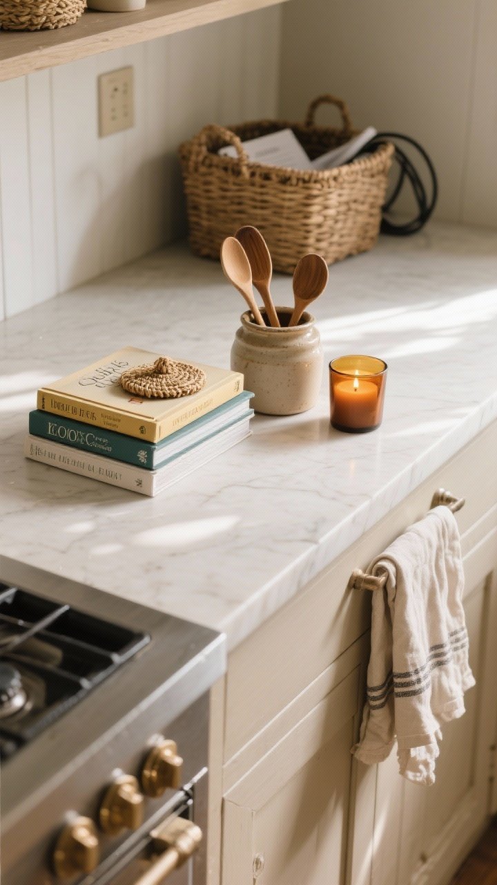 Overhead detail shot of a farmhouse kitchen counter styled with functional minimalism: breathable surfaces with just three favorite cookbooks stacked, a ceramic crock of wooden spoons, and a lit candle in amber glass; lidded seagrass basket tucked at the end for hidden paperwork and cords; neutral, warm tones with linen tea towel nearby; clean, uncluttered composition with soft morning light and gentle shadows.
