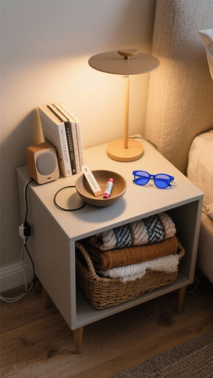 Overhead detail shot of a habit-friendly setup: a small bowl holding a bookmark, lip balm, and blue-light glasses on the side table; charging cable tucked behind a book to minimize distraction; a neatly folded seasonal blanket swap stacked in a basket; a compact speaker nearby for soft playlists; warm lamplight creating a focused, calming vignette without visible phone screen distractions