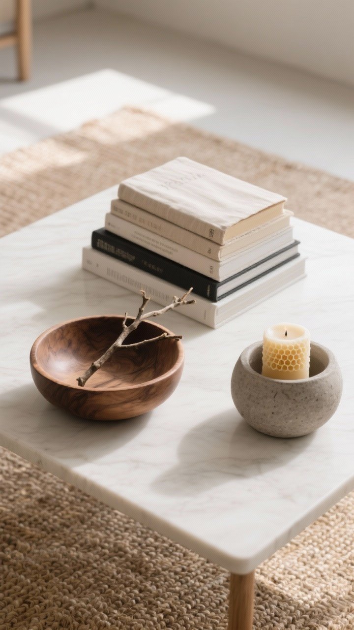 Overhead detail shot of a styled coffee table following the rule of three: stack of linen-bound books, a hand-carved wooden bowl holding a single branch, and a beeswax candle in a stoneware holder; surrounding area edited and clear; place on a jute rug with gentle sunlight grazing across, calm palette of warm whites, oat, and soft charcoal accents; intentional minimalism for a serene brain-friendly scene.