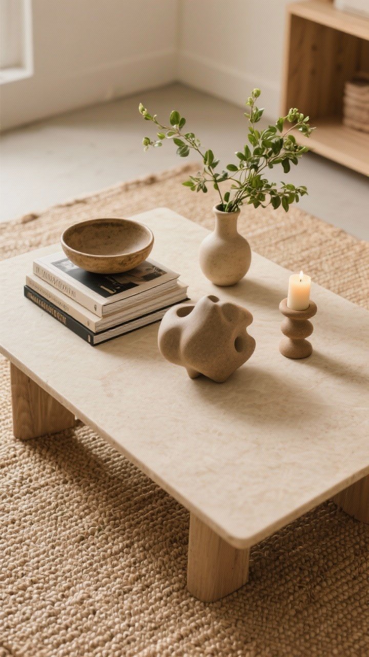 Overhead detail shot of a styled coffee table on a jute or flatweave rug: a stack of hardcover books as a base layer, an organic ceramic bowl, a small sculptural object, fresh greenery in a bud vase, and a single candle; varied heights and textures, grouped in threes with generous negative space; clean, curated look with warm ambient light.