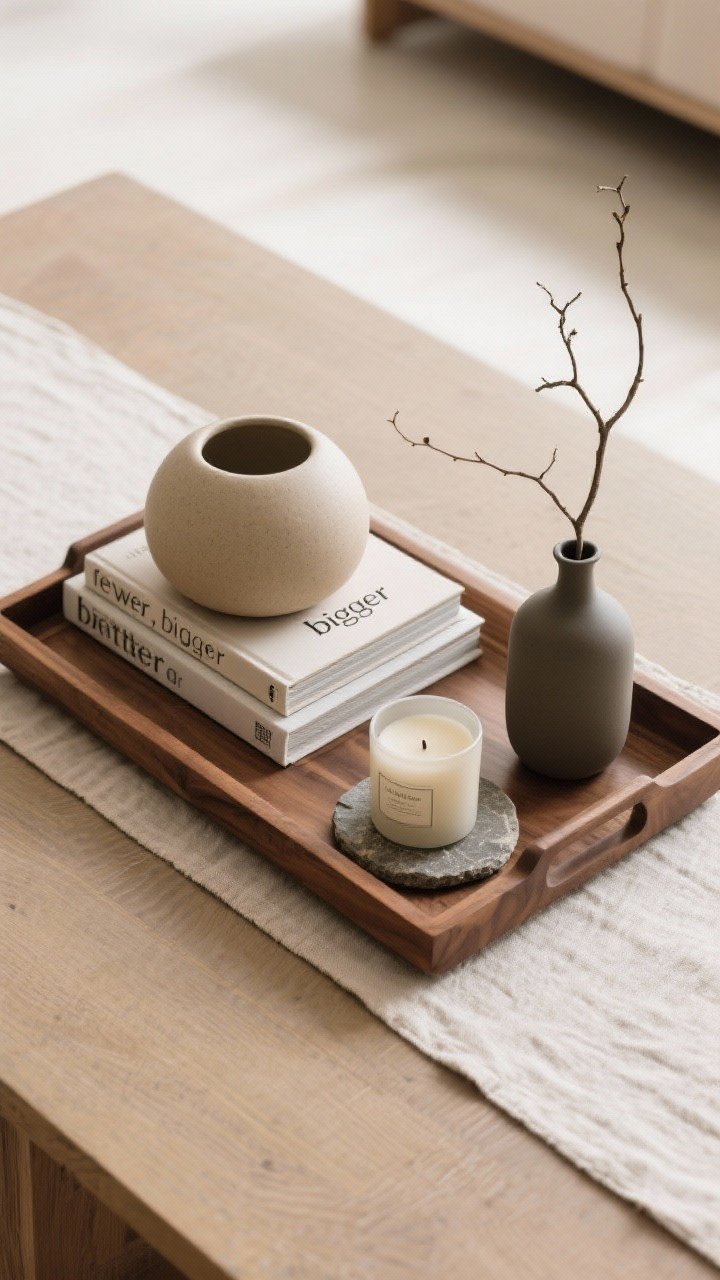 Overhead detail shot of a styled coffee table surface using “fewer, bigger, better”: three items grouped—a stacked pair of design books, a substantial ceramic candle, and a small matte vase with a single branch; everything corralled on a natural wood tray; subtle natural textures (stone coaster peeking, linen runner beneath) and balanced heights; clean, edited aesthetic.