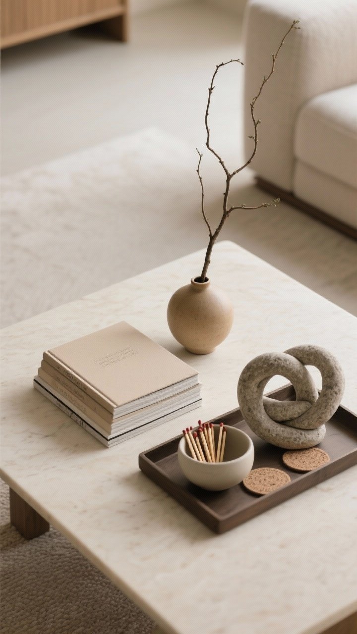 Overhead detail shot of a styled coffee table vignette following the rule of threes: a vertical element (slim branch in a small ceramic bud vase), a horizontal stack of neutral books with spines turned inward, and a sculptural object (stone knot or minimalist bowl) on a tray that corrals matches and coasters; negative space left around the arrangement for an airy, calm feel; soft, warm ambient lighting, photorealistic, no people.