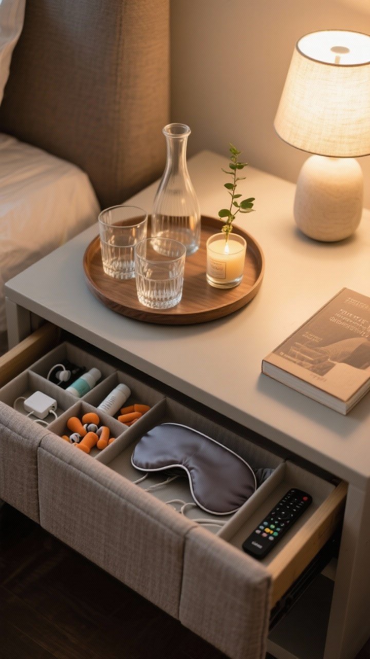 Overhead detail shot of a zero-stress nightstand setup: a round tray corralling glasses, a slim glass carafe, one small candle or diffuser; inside an open drawer, organizers neatly holding earplugs, lotion, and a sleep mask; a fabric-covered box hiding chargers and remotes; just one book on the surface; tiny bud vase with a single fresh sprig; warm lamplight at 2700K, photorealistic.
