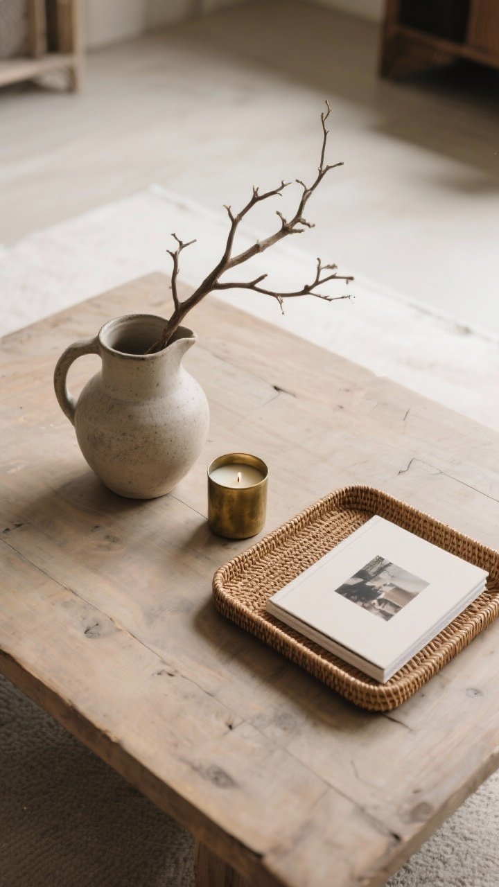 Overhead detail shot of an edited coffee table following the 3-item formula: a stoneware pitcher with a branch (organic shape), a small aged brass candle on a woven tray (warm element), and a personal hardcover book with a photo tucked inside (personal piece); lots of quiet space around the trio; neutral palette, rustic wood table, calm composition.