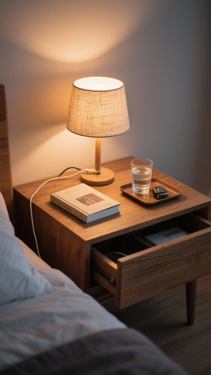 Overhead detail shot of an edited nightstand: small warm-glow lamp with fabric shade, a single book, a glass of water, and one personal object on a small tray; cable clipped and hidden, drawer slightly ajar hinting at concealed items; warm wood surface, soft evening light, minimalist and tidy, photorealistic.