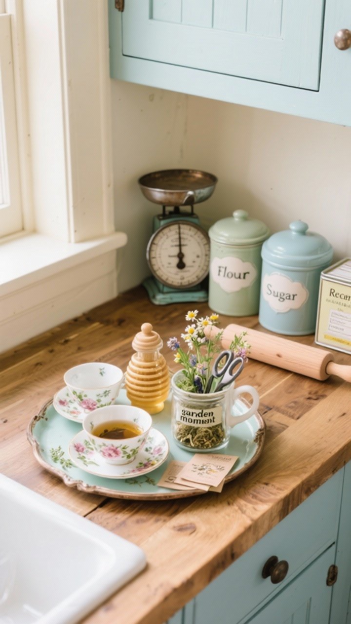 Overhead detail shot of functional vignettes on a wooden countertop: a vintage tray styled tea station with floral teacups, a honey pot, and a small glass jar of loose tea; next to it a baking corner featuring an old metal scale, ceramic canisters labeled flour and sugar, a wooden rolling pin, and a tin of recipe cards; a small “garden moment” jar of wildflowers with seed packets and herb snips tucked in a mug; cohesive colors of cream, sage, soft blue, and warm wood; natural light, minimal clutter, photorealistic, no people.