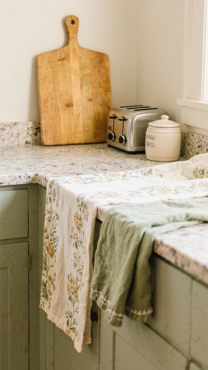 Overhead detail shot of layered textiles camouflaging a dated faux-granite countertop: oversized honey-toned wooden cutting board zoning a prep area, a narrow vintage-style runner in faded floral print along the counter edge, and cream-and-sage linen tea towels draped over a stainless toaster and tucked under ceramic canisters; tonal palette of creams, sage, oat; diffused daylight for soft, cozy mood.