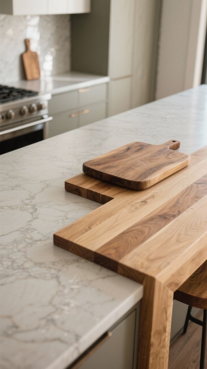 Overhead detail shot of mixed countertops: a butcher block island in oiled oak or maple with simple eased edges, perimeter counters in honed stone or quartz with subtle veining; a chunky wooden cutting board and a small wooden riser layering warmth; muted, calm neutrals with soft reflections, natural light highlighting the honed finish and wood grain