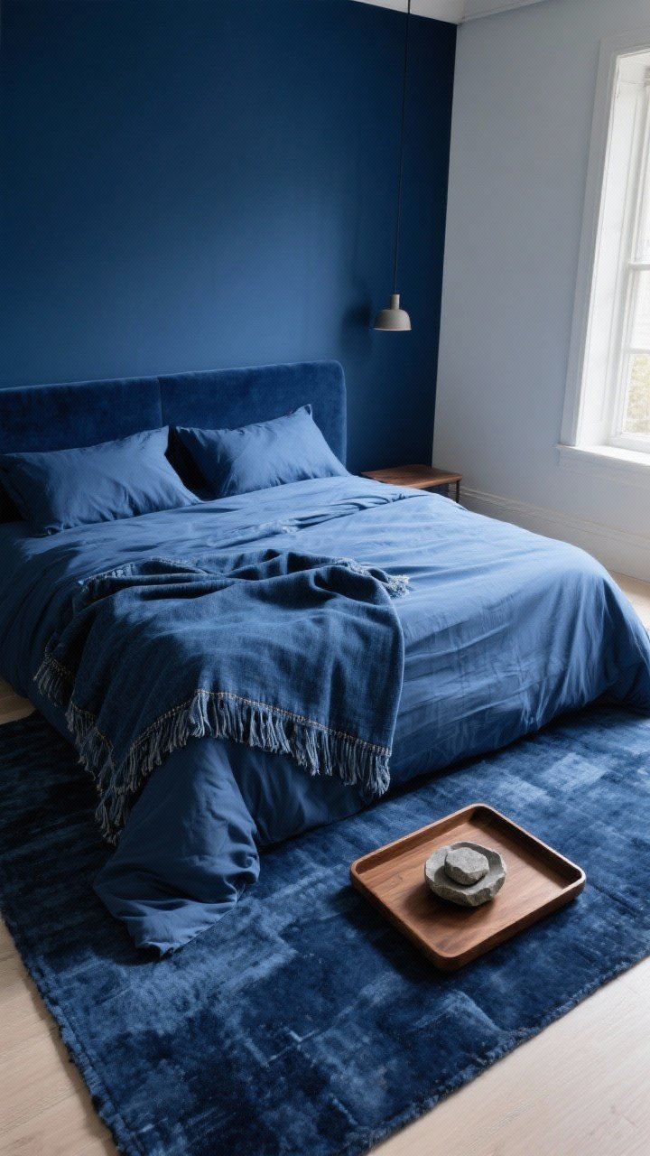 Overhead detail shot of monochrome with a twist: blue-on-blue palette featuring matte navy wall edge, satin indigo bedding sheen, plush midnight-blue rug, denim-textured throw; tonal shifts from light to dark blues; a walnut tray and small stone dish add material contrast; soft natural light raking across surfaces to reveal finishes.