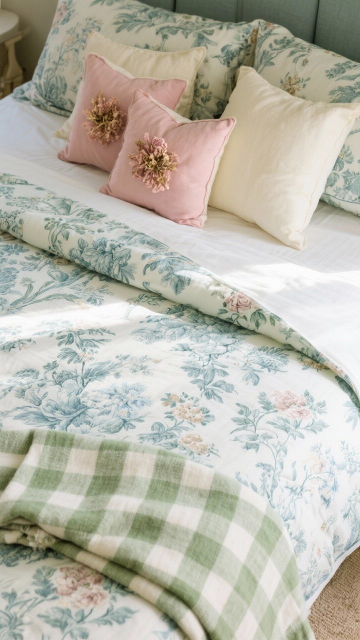 Overhead detail shot of pattern play on a bed: a large-scale toile duvet in muted greens and dusty blues, small floral pillows in dried-rose pink and buttercream, and a sage-and-cream gingham throw folded at the foot; cohesive 2–3 color palette, soft textures and matte fabrics, natural daylight kissing the textiles.