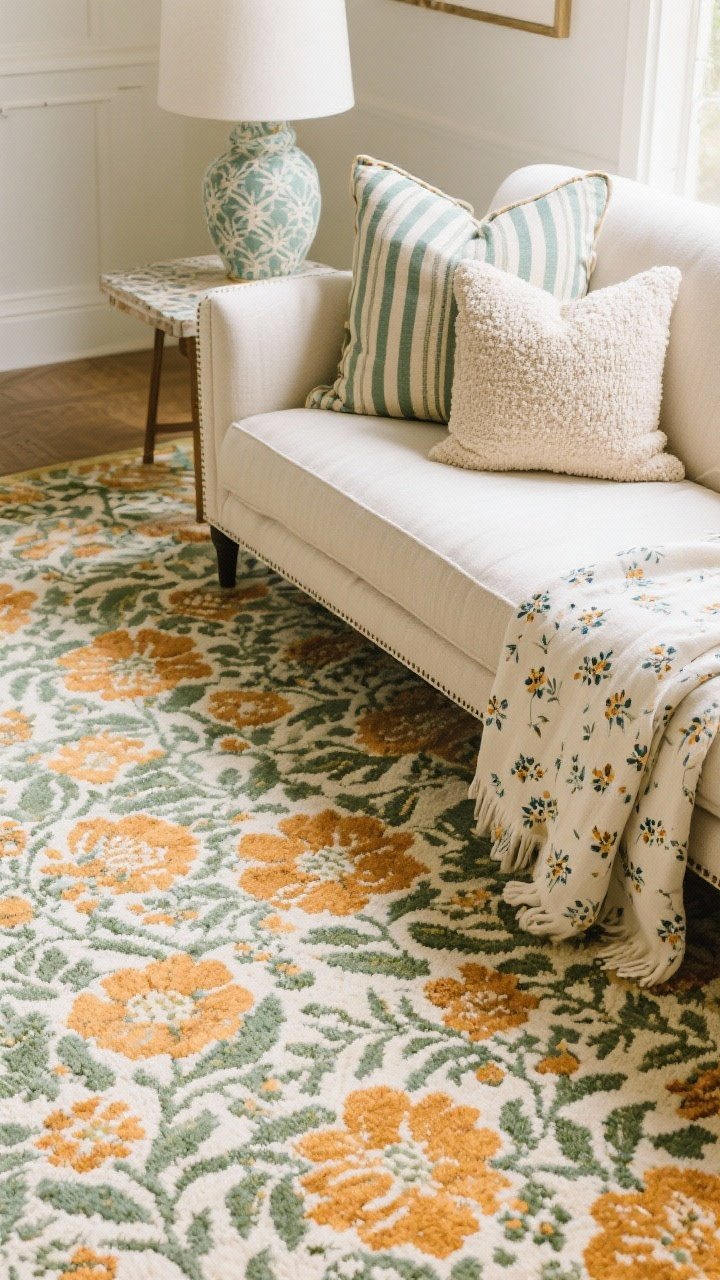 Overhead detail shot of pattern play on a sofa-and-rug moment: a large-scale floral rug as the star, a medium-scale striped lumbar pillow as the wingman, and a small-scale ditsy print on a throw or lampshade set on a nearby side table. Break up the pattern cluster with a solid bouclé pillow and a linen throw. Keep to a cohesive palette from the prior section (sage, marigold, cream) and ensure one calm solid area is visible for visual rest. Soft diffused light to avoid glare on patterns.