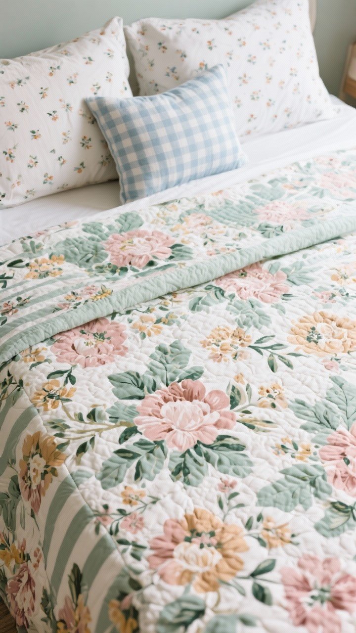 Overhead detail shot of patterned textiles on a bed: one bold floral quilt as the hero print in sage, dusty rose, and warm white; supporting patterns include tiny ditsy floral pillowcases and a small-scale powder blue gingham cushion; limited palette of two to three colors repeating, clear scale contrast between large floral and small checks/stripes; natural daylight highlighting fabric texture, photorealistic.