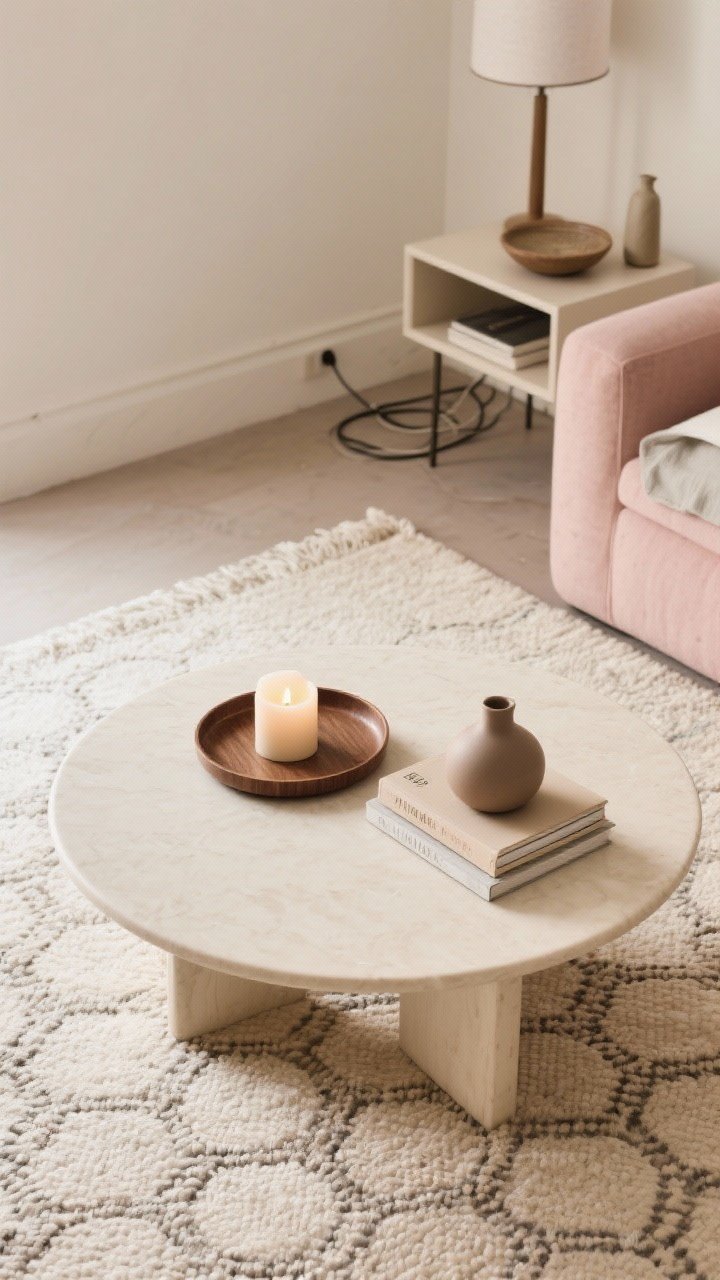 Overhead detail shot of styled surfaces using the Rule of Three: a coffee table with a round tray, a softly glowing candle, and a neat book stack on a subtle-pattern flat-weave rug; adjacent vignette glimpsed at edge—nightstand with a slim lamp, ceramic dish, and a small vase; tidy cables hidden; palette in creams, oat, mushroom, dusty blush; intentional, uncluttered composition