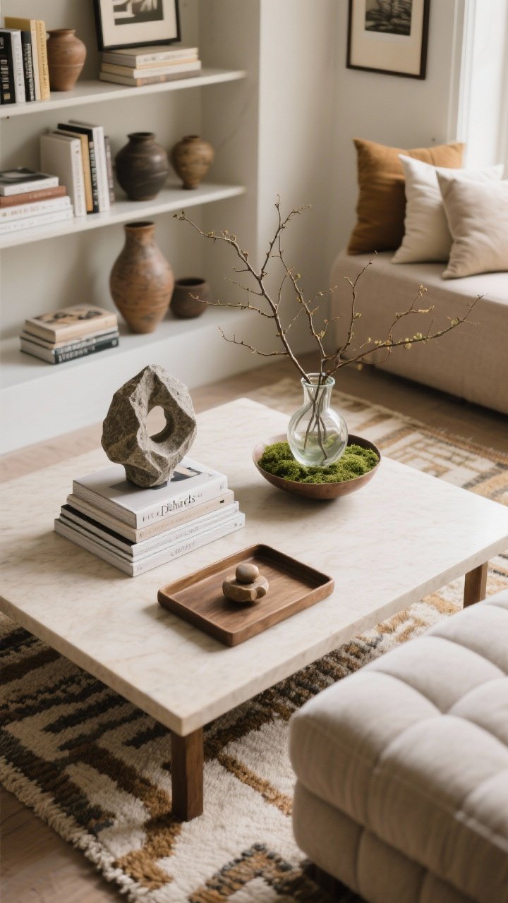 Overhead detail shot of styled surfaces with breathing room: A coffee table arrangement following the formula—one sculptural object (stone knot or quirky glass piece), one stack of design books with a small object on top, and one natural element (branches in a vase or a low bowl of moss). Show negative space around the items for an editorial, curated feel. Nearby shelves are glimpsed with “thirds” styling (books, object, art), varied heights, and repeated rug/pillow hues in pottery and prints. Include a tray on an ottoman for structure. Soft, warm light, photorealistic.