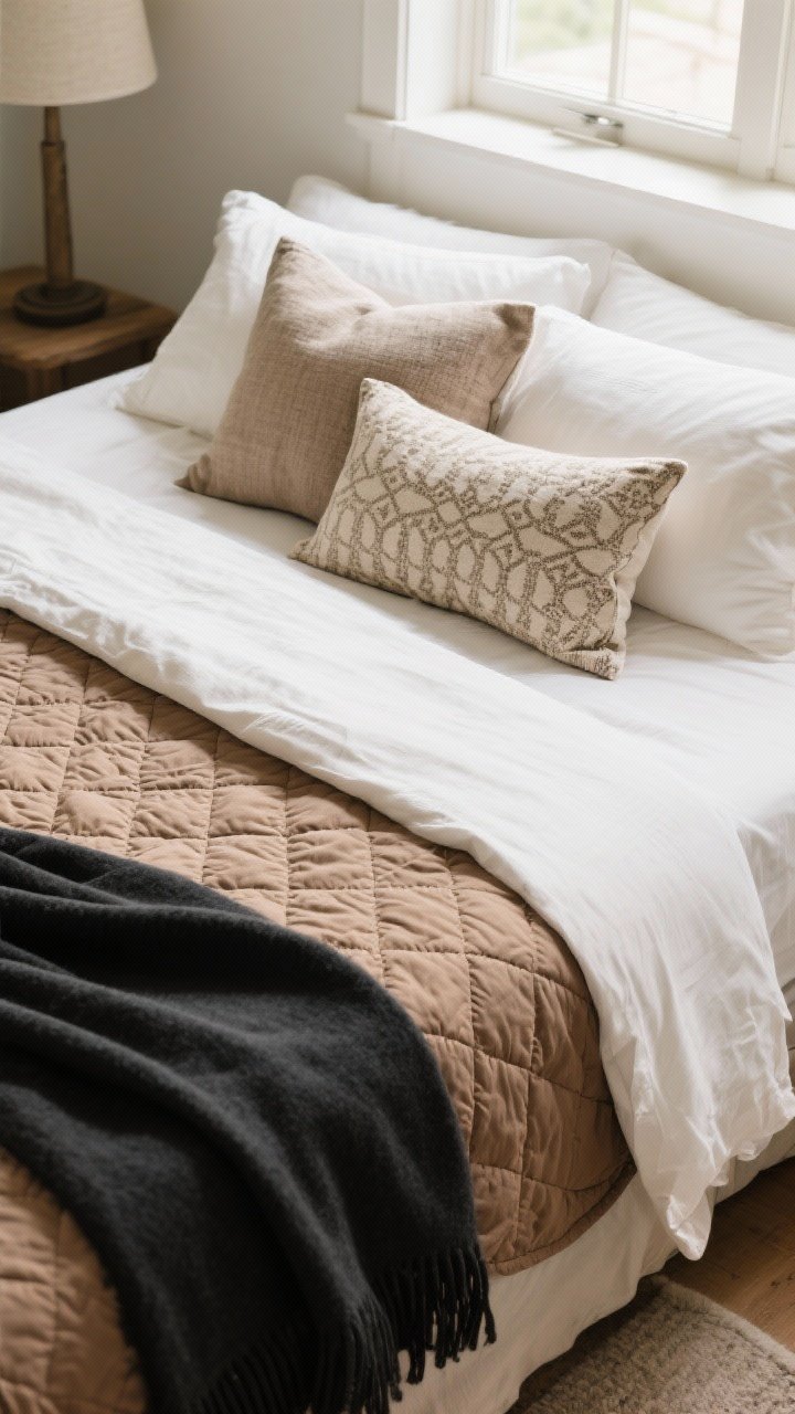 Overhead detail shot of the bed styling “cheatsheet”: ivory/oatmeal base sheets, a warm-toned quilt or coverlet in taupe layered mid-level, and a neatly folded black or charcoal throw at the foot for balance. Pillow arrangement visible from above: linen Euro shams, a textured lumbar, and one subtle patterned accent pillow. The look is tactile but edited, no clutter. Warm, cozy natural light from a nearby window; mood is soft and inviting.