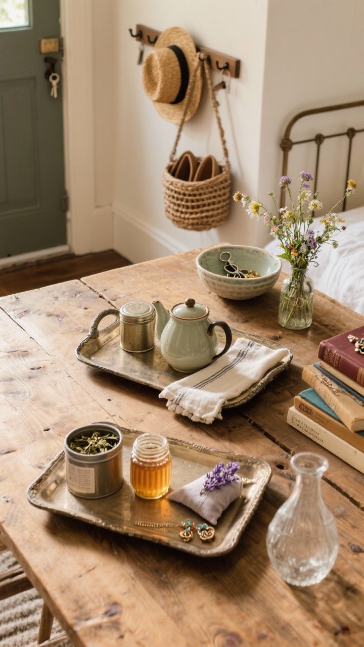 Overhead detail shot of three vintage-inspired ritual stations arranged separately on a wooden surface: a tea station with teapot, loose leaf tin, honey jar, and linen napkin on a vintage tray; an entryway vignette with a woven basket for shoes, pegs with a straw hat, a bowl for keys, and a small vase of wildflowers; a bedside setup with paperback classics stack, ceramic jewelry dish, lavender sachet, and a glass carafe; warm, homey natural light.