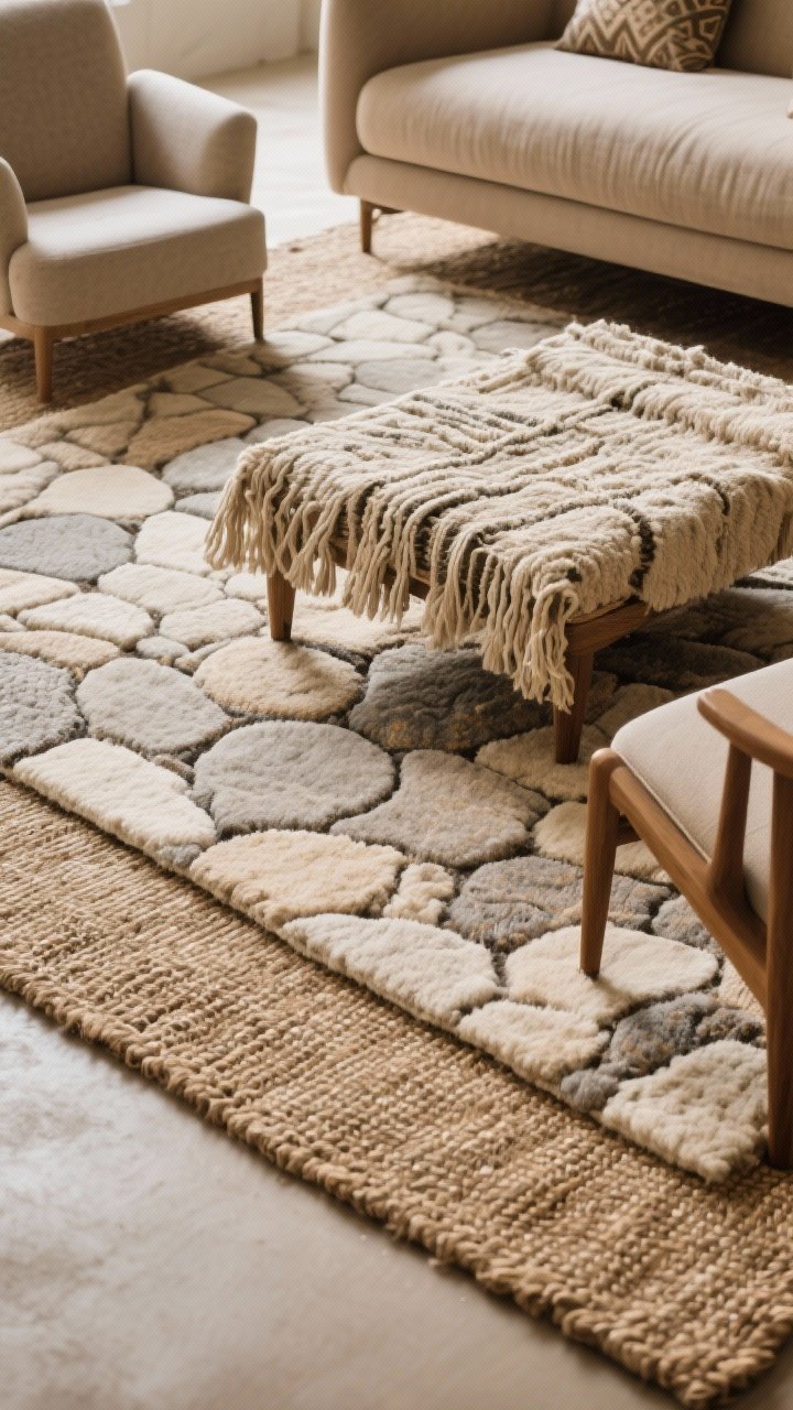 Overhead detail shot: Rug layering—large flat jute rug as base with a softly curved, stone-inspired patterned wool rug atop; hints of tone-on-tone Moroccan/berber patterning; front legs of a sofa and chair resting on the upper rug; warm, diffused light highlighting natural fibers.
