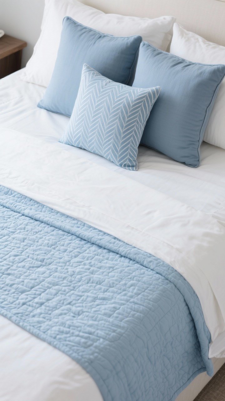 Overhead detail view of a tonal bed: crisp white or pale blue percale sheets as the base, a frosted blue quilt or matelassé coverlet in the middle for texture, topped with a slightly deeper blue duvet; pillow arrangement includes two blue-gray Euro shams, two white standard pillows, and one statement pillow in an ice-blue herringbone or pinstripe pattern; soft, cool daylight accentuating fabric layers and subtle pattern variation.