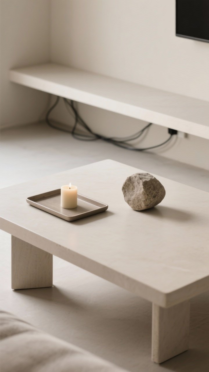 Overhead shot of a decluttered coffee table styled with the one-in, one-out rule: a rectangular tray, a single candle, and one sculptural stone object on a clean surface; background shows a shelf with generous negative space and concealed cords running neatly behind a leg; neutral tones, calm minimal composition, photorealistic.