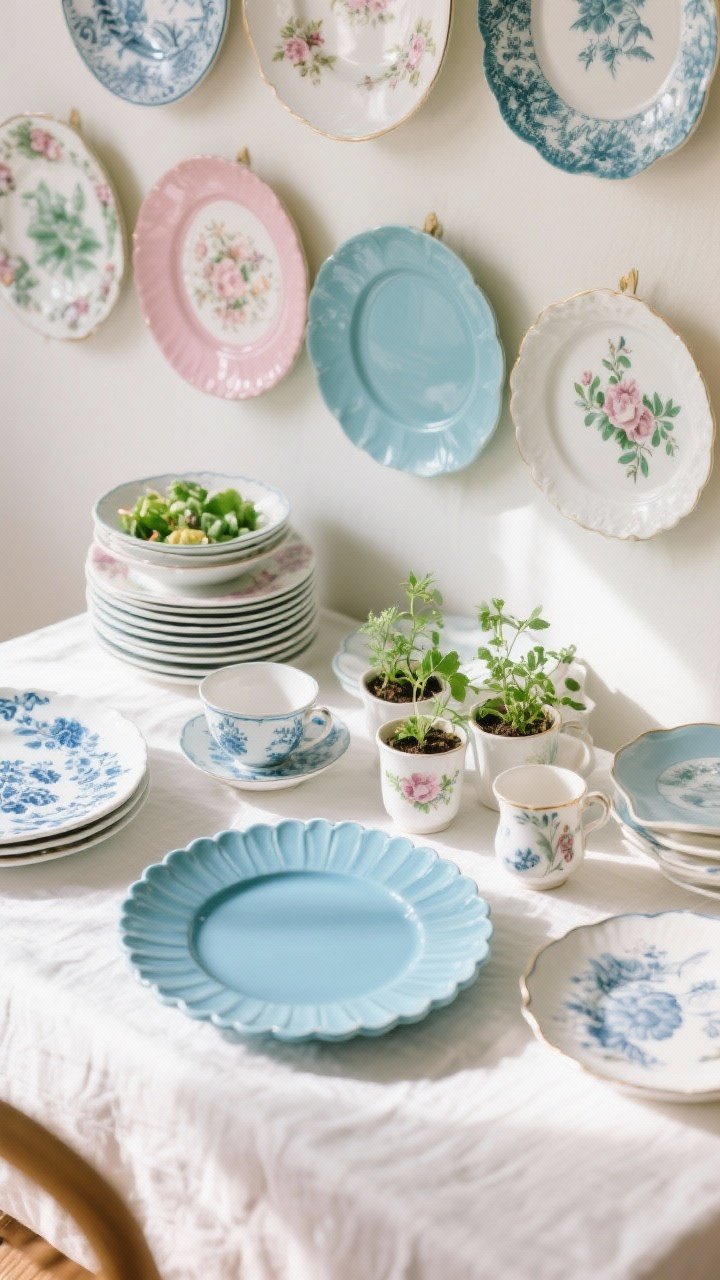 Overhead tabletop shot of mismatched china curated in a blue-and-white with soft pinks and greens palette: scalloped dinner plates in solids, floral salad plates stacked above, vintage teacups used as tiny herb planters; a small arrangement suggests a plate wall concept with one plate off to the side; cohesive yet collected-over-time look; bright natural light with gentle shadows, photorealistic.