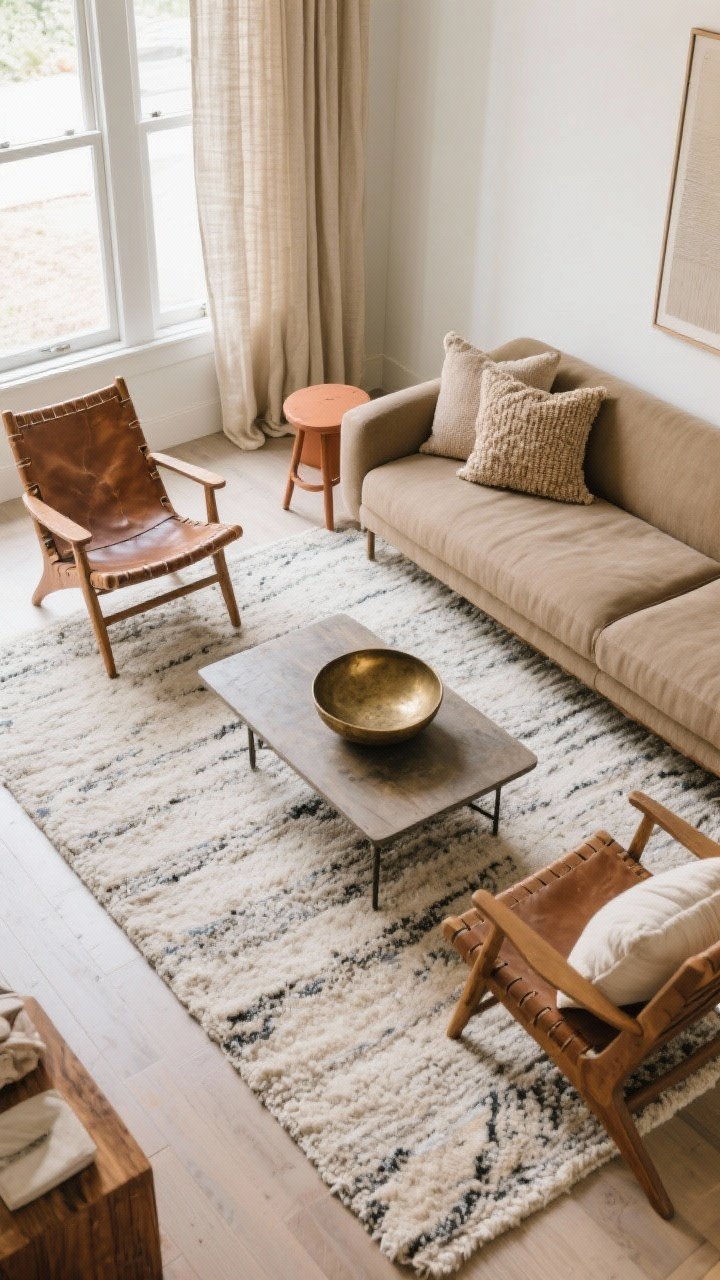 Overhead view of a practical, cozy layout moment on a large rug defining the seating area: a floated sofa pulled off the wall, two chairs balancing a long sofa to form a conversation zone around a low table. Materials show maintenance-friendly choices: performance fabric upholstery in warm neutrals, a wool or synthetic-blend rug, and pieces with welcoming patina—leather sling chair with wear, aged brass bowl, and wood with lived-in grain. Include budget-friendly swaps: oat linen curtain panel edge, clay-painted small side table, and textured pillows (boucle, suede, woven cotton). Even daylight for clarity.