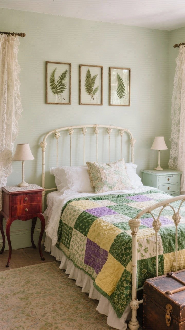 Photorealistic bedroom, medium-wide angle: cream-painted thrifted iron bed layered with a vintage patchwork quilt in fern green, mauve, and butter yellow; mismatched nightstands—one curvy cherry wood, one small painted chest—with simple bedside lamps; lace curtains filtering soft light; antique trunk at foot of bed; trio of pressed ferns in glass frames above the headboard; hush, woodsy, grown-up fairy-tale feel.