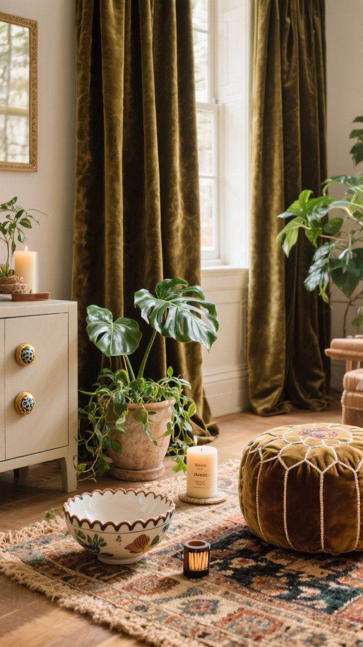 Photorealistic closeup/detail composite of finishing touches: full-length velvet curtains slightly puddled and hung high and wide, a smaller vintage rug layered over a larger jute base, a kilim pouf and a velvet ottoman, lush greenery (monstera in a ceramic planter and trailing pothos), a candle labeled with notes of amber and fig beside a pretty match striker; include a cabinet door with swapped brass and ceramic knobs, and a hand-painted ceramic bowl with scalloped-edge detail; warm, inviting light highlighting textures and scent cues