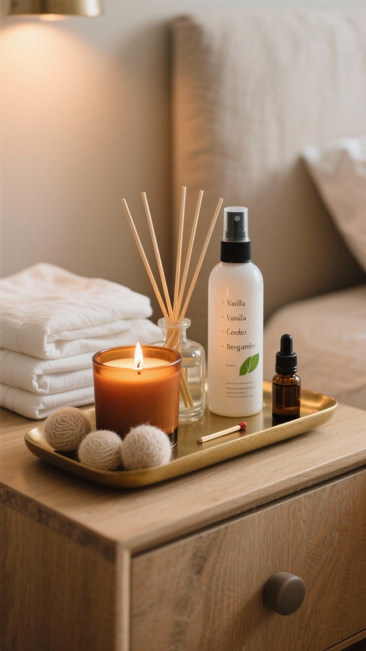Photorealistic closeup detail of a signature scent vignette on a wooden nightstand: a softly flickering amber-toned candle, a minimalist glass reed diffuser, and a linen spray bottle labeled with notes like vanilla, cedar, and bergamot; a folded set of crisp sheets nearby and wool dryer balls with a dropper bottle of essential oil; warm ambient light, shallow depth of field, neutral palette with brass tray and matte ceramic match striker.