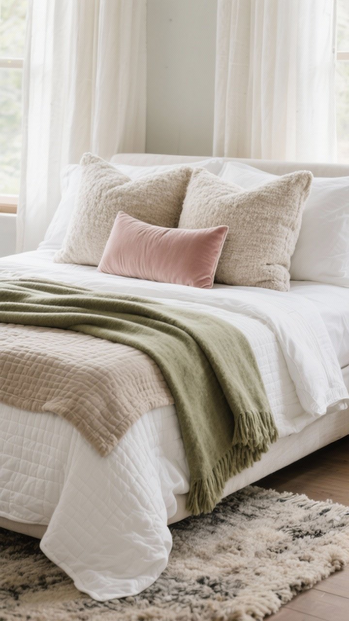 Photorealistic closeup detail of layered bedding and textiles: crisp white cotton sheets, a lightly quilted coverlet in warm greige, and a plush sage throw draped at the foot; pillow stack with two oversized Euro pillows in textured linen, two standard pillows in bouclé, and a slim velvet lumbar in blush; edge of a low-pile wool rug peeking under the bed and softly wrinkled linen curtains in the background; soft diffuse morning light to emphasize texture; camera angle: low, intimate side view focusing on fabric weaves and layered tactility