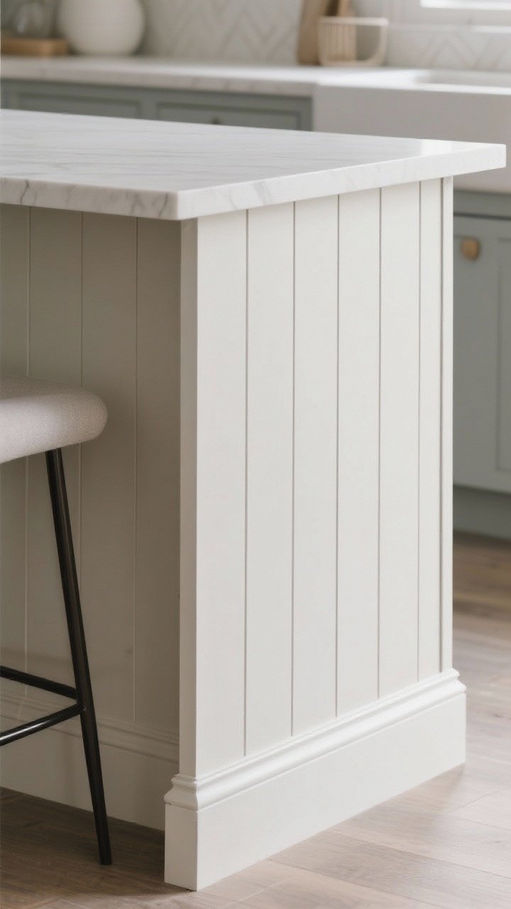 Photorealistic closeup detail of vertical shiplap or planked paneling on the island’s seating side: tight, narrow reveals for a refined modern feel, painted to match the island or in a soft contrasting tone. Include a subtle satin sheen, with mitered edges wrapping the corners seamlessly. Gentle side lighting to reveal vertical texture without glare.