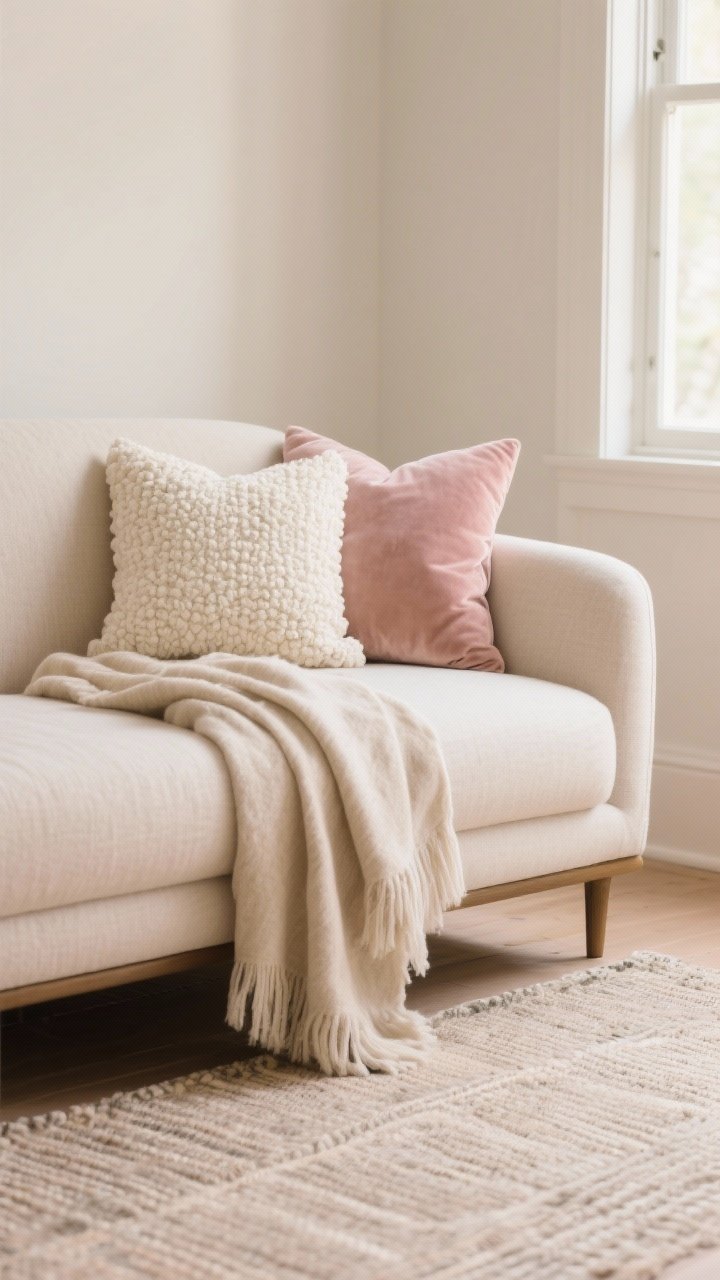 Photorealistic closeup detail shot: a small sofa corner layered lightly with three luxe textures—an oatmeal linen throw draped casually, a cream boucle pillow, and a dusty blush velvet cushion—set against a soft-palette backdrop of creams, oat, mushroom, and dusty blush; a flat-weave rug with a subtle pattern beneath; gentle natural window light, no overstuffing, cozy yet airy