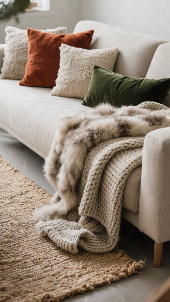 Photorealistic closeup detail shot focusing on layered textures on a sofa and floor: a thin natural jute rug under a plush wool/shag rug, casually draped knit, faux fur, and waffle weave throws, and pillows mixing bouclé with linen and velvet in varied sizes (22", 20", and a lumbar). Color palette muted neutrals with one rich accent tone in rust or deep forest green. Soft, diffused winter light, showcasing tactile depth and cozy Scandinavian styling.
