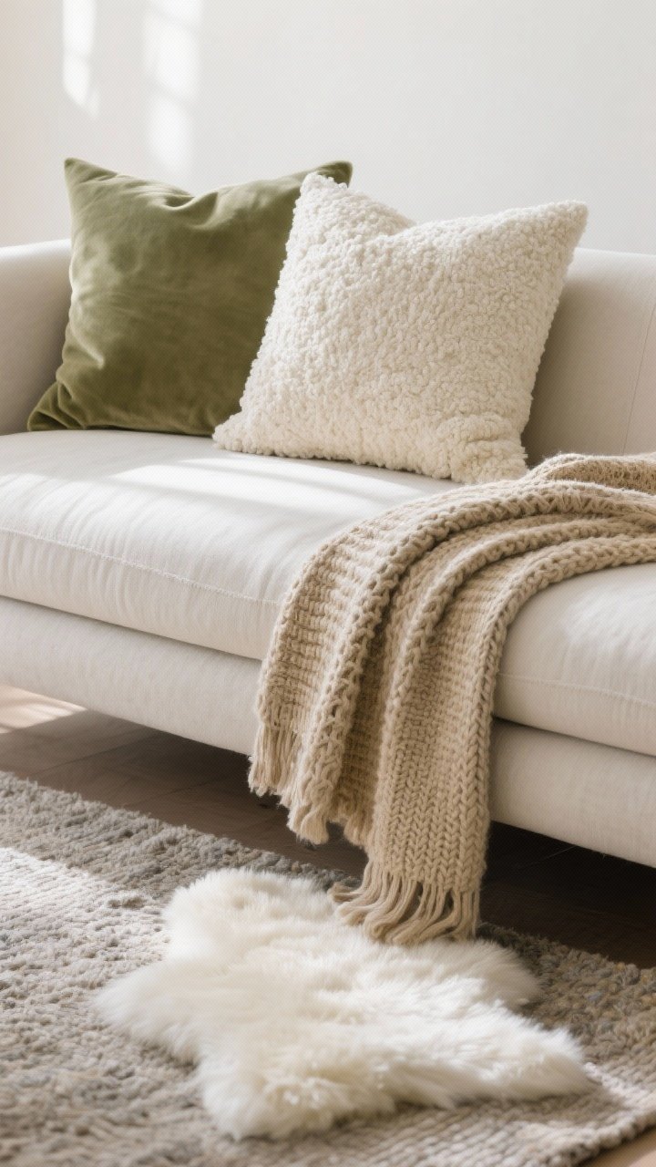 Photorealistic closeup detail shot of layered textures on a neutral-toned sofa: a soft sage velvet pillow, a nubby cream bouclé cushion, and a natural flax linen throw, with a low-pile greige area rug visible beneath a smaller fluffy ivory sheepskin rug layered on top; neatly folded throw at the sofa arm and a casually draped chunky knit over the backrest; tight, cohesive palette of warm whites, greige, sage, and natural jute tones; soft afternoon natural light grazing the fabrics to highlight weave and pile, straight-on angle focused on texture variety without busy patterns
