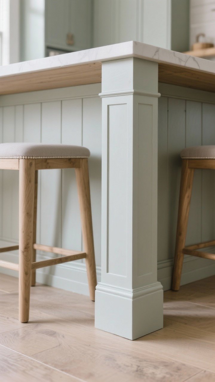 Photorealistic closeup/medium detail of island statement legs: simple chunky square posts with a slight bevel and subtle profiling, painted to match cabinet color, shown flanking a seating zone. Angle from the corner to show two legs and toe-kick. Soft even lighting, modern farmhouse vibe, no visual clutter, smooth satin paint with visible wood texture under finish.