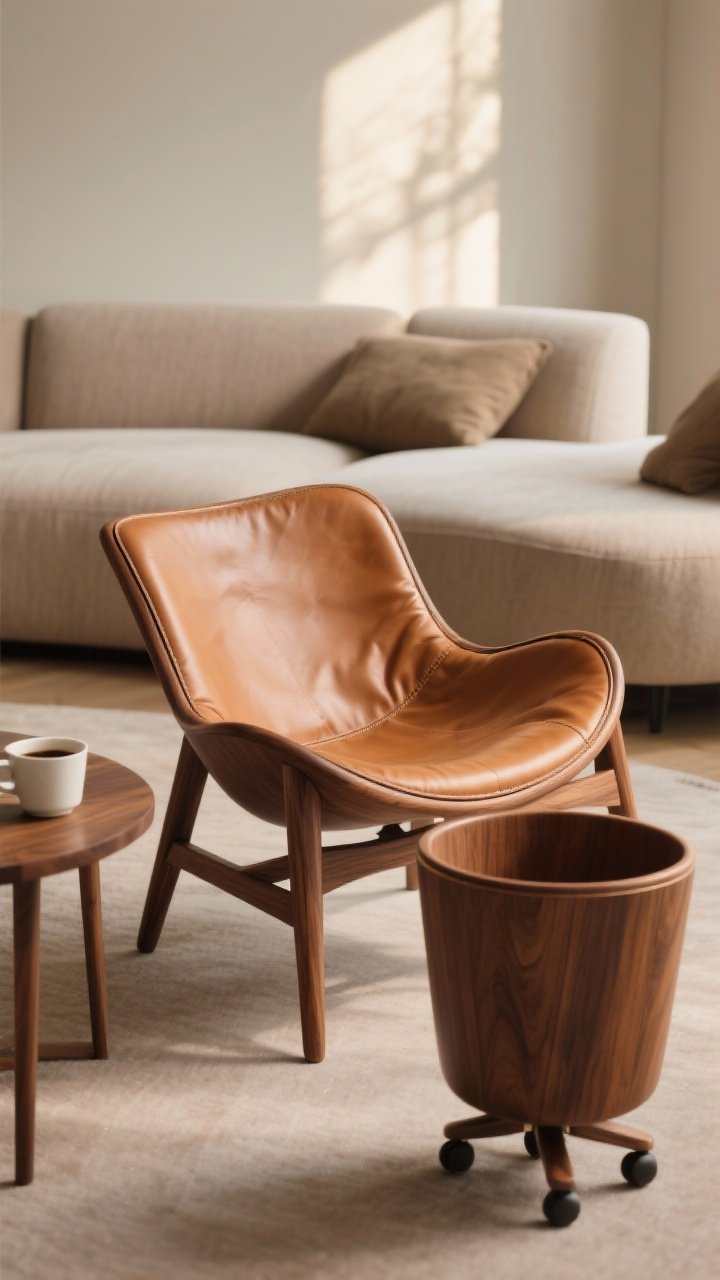 Photorealistic closeup/medium shot of a sculptural lounge chair beside the sofa: walnut frame with a cognac leather sling seat, curved shell profile, positioned by a small side table holding a coffee cup; complementary but not matching the sofa; optional secondary variant in frame: a compact bucket chair with a swivel base; warm, cozy morning light emphasizing leather grain and wood tone; no people