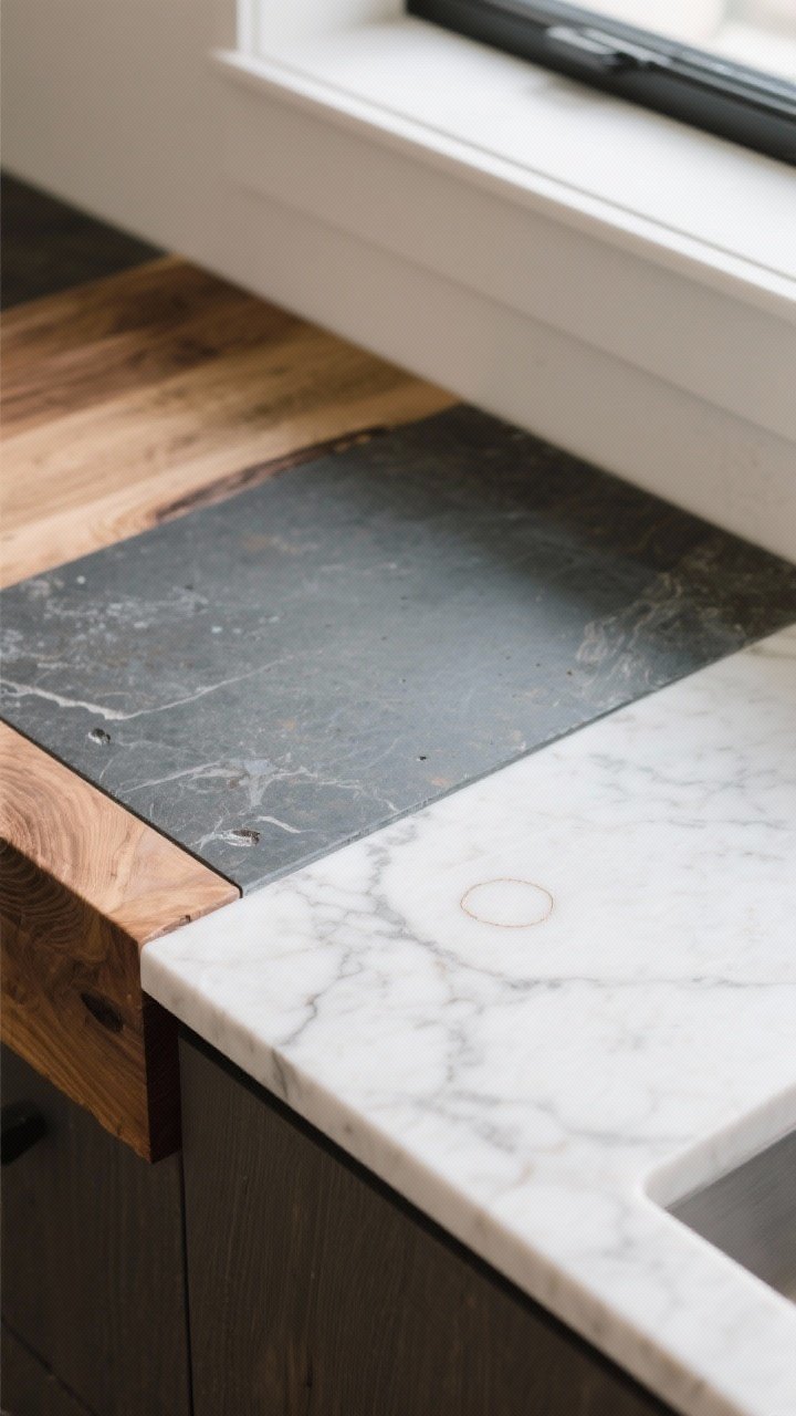 Photorealistic closeup of tactile countertops: a tri-surface vignette with butcher block edge transitioning to a deep, matte soapstone section and a honed marble slab; visible natural veining, soft luster, and small imperfections; a faint ring mark on the marble embraced as character; gentle top light and window fill to accentuate texture; overhead angle emphasizing surface feel